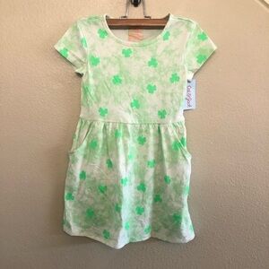 Cat & Jack Girls Green Shamrock Short  Sleeves Pocket Babydoll Style Dress S 6/7